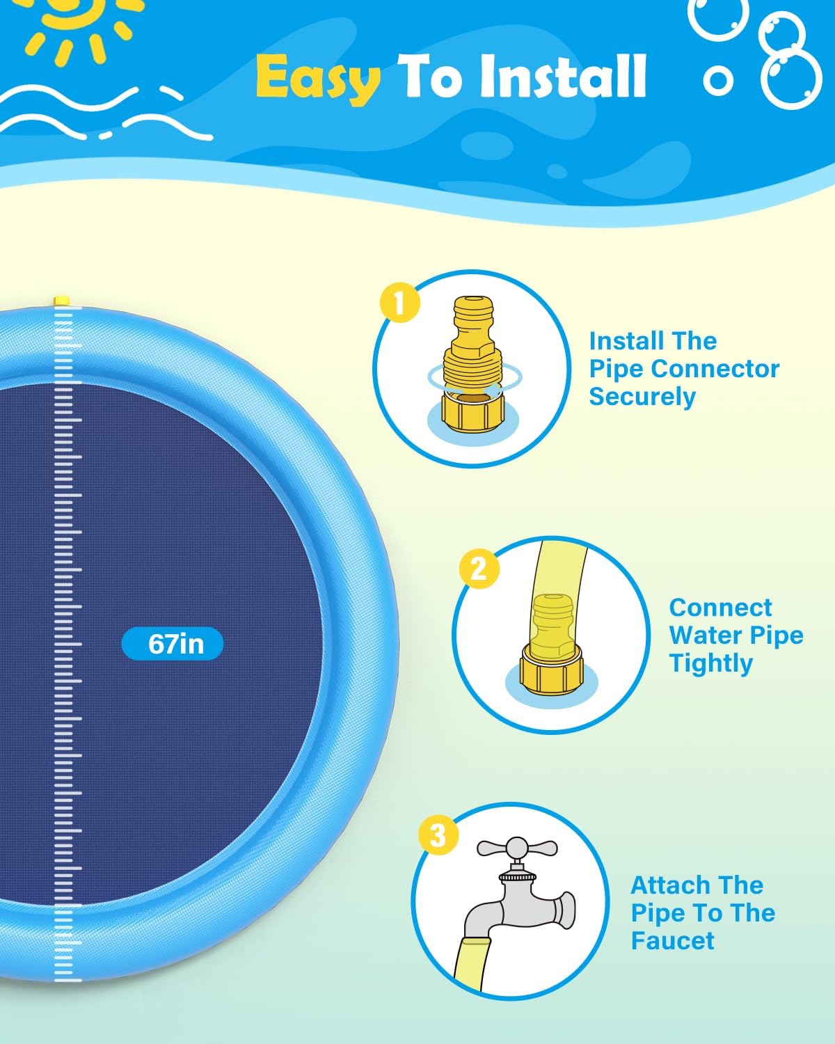 Peteast 67" Dog Splash Pad for Large Dogs & Kids – Anti-Slip Outdoor Sprinkler Pad, 0.58mm Thick PVC Water Mat for Backyard Summer Play