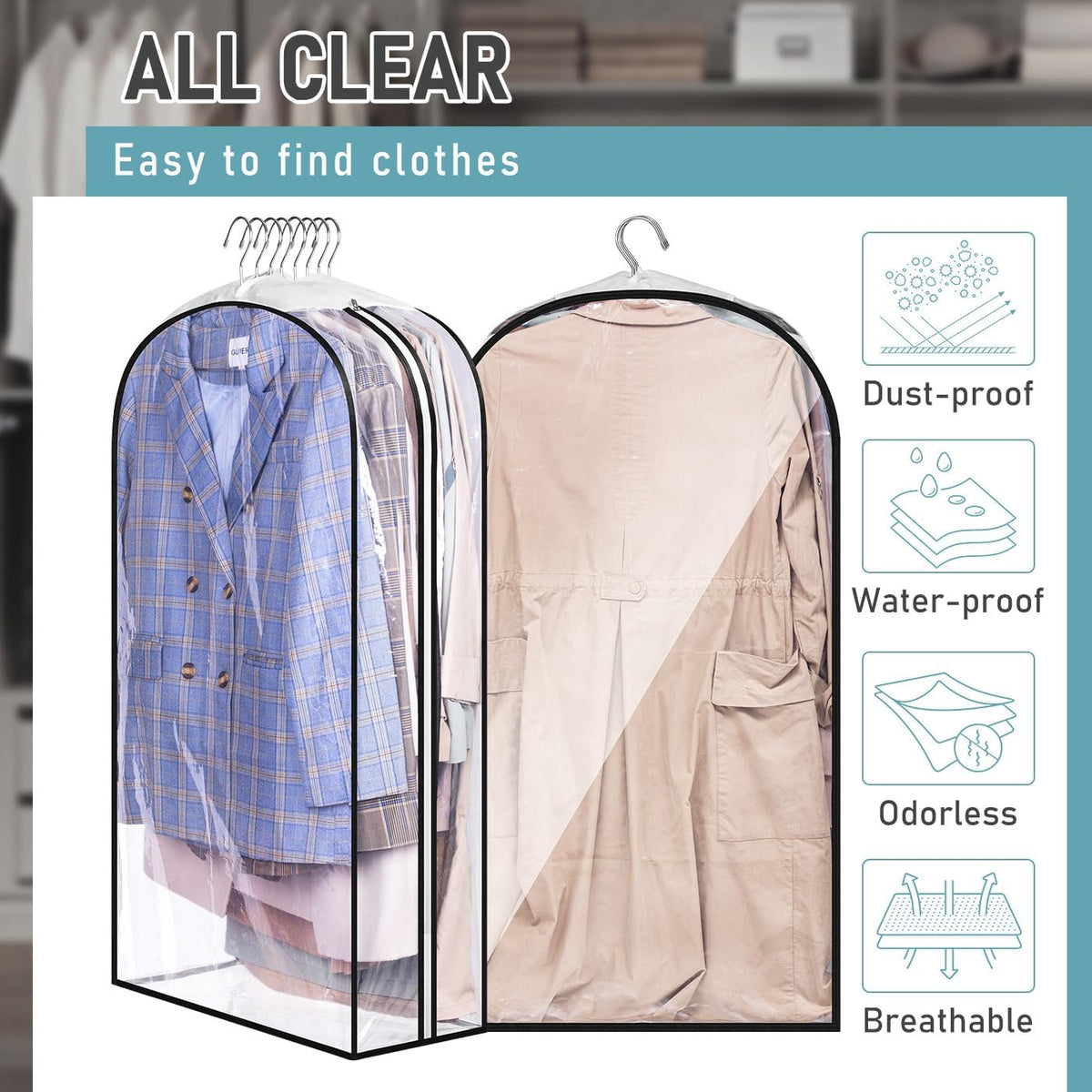 MISSLO 10" Gusseted All Clear Garment Bags for Hanging Clothes 3 Packs 40" Suit Bags for Closet Storage Hanging Clothes Storage Suit Cover for Shirts, Coats, Dresses