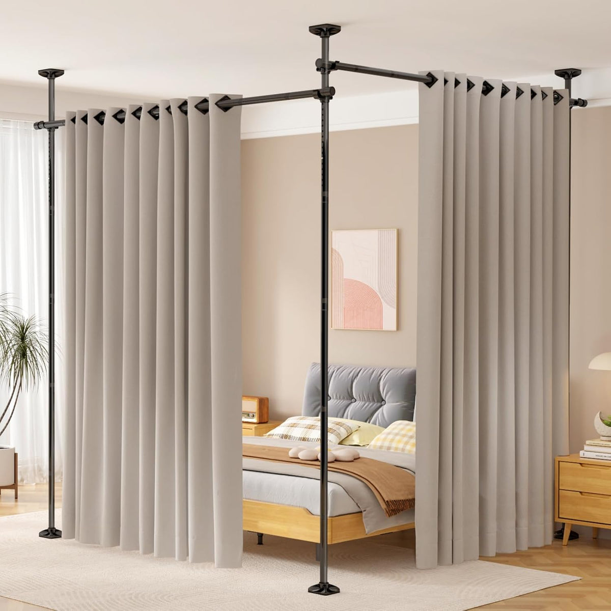 Room Divider No Drilling Curtain Rod Wall Divider for Room Separation, 4-10ft(H) 28-114inch(W) Adjustable, Heavy Duty Partition Space Separator Freestanding Tension Curtain Stand, Black