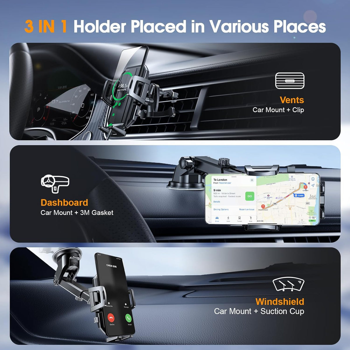SUUSON 3 in 1 Phone Holders for Your Car, Car Phone Holder Mount [Strongest Suction] 360° Adjustable Cell Phone Holders for Car Phone Stand Car Mount for iPhone, Samsung, Google, More Smartphones