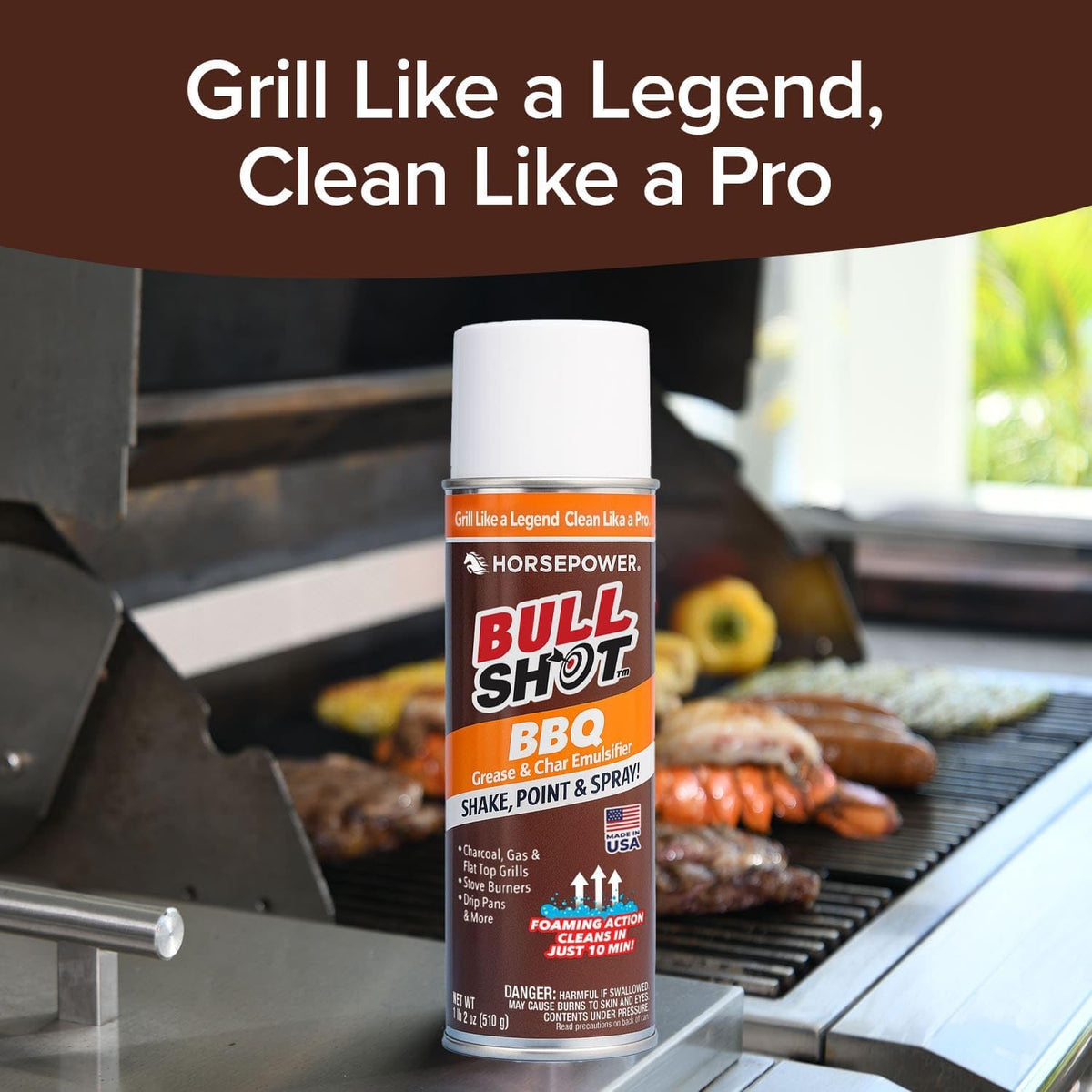 Bull Shot BBQ, Foaming Grill Cleaner, AS SEEN ON TV, Professional Strength Foam Spray Emulsifies Burnt Grease & Char on Grates, Racks, Pans, Smokers & Griddles Cleans in Just 10 Min