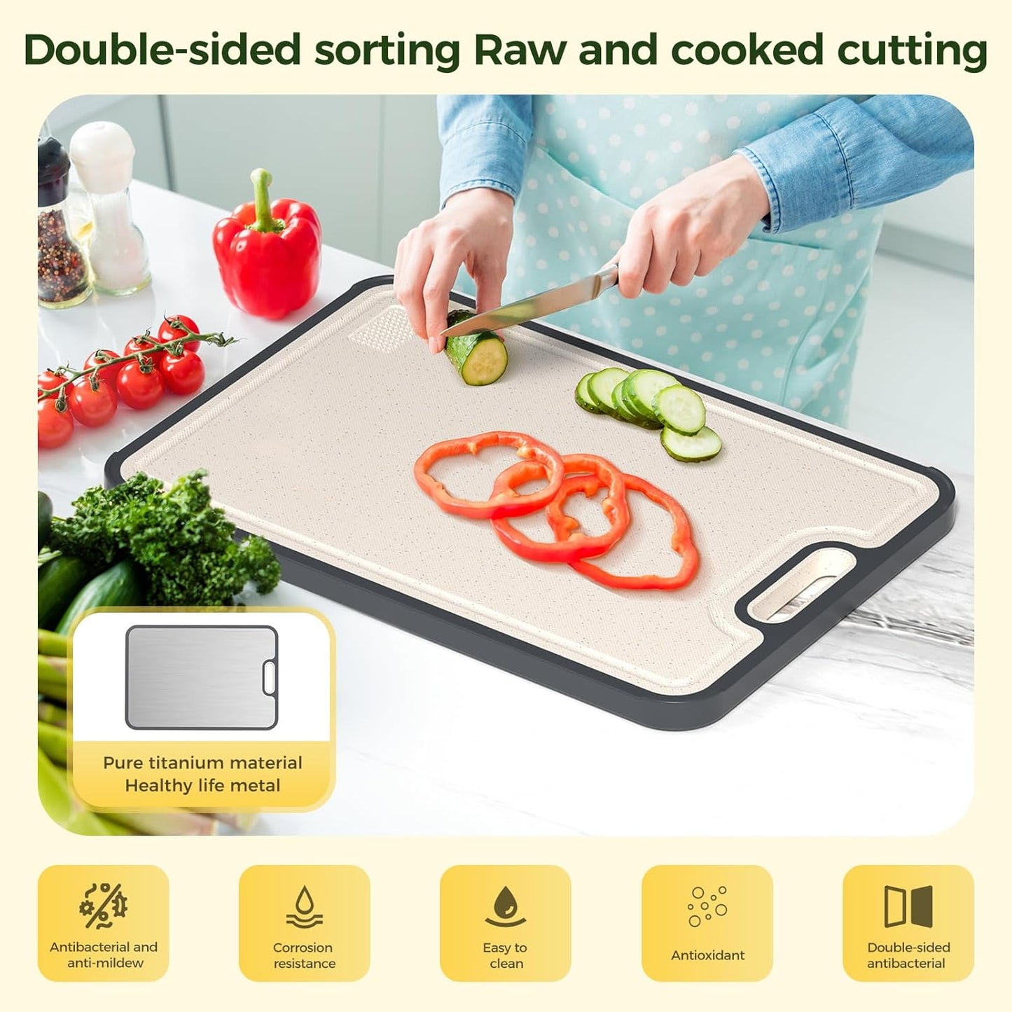 Titanium Cutting Board for Kitchen, Cutting Board Double Sided Food Grade, Pure Titanium/PP, Easy to Clean Large Size 16”×11”