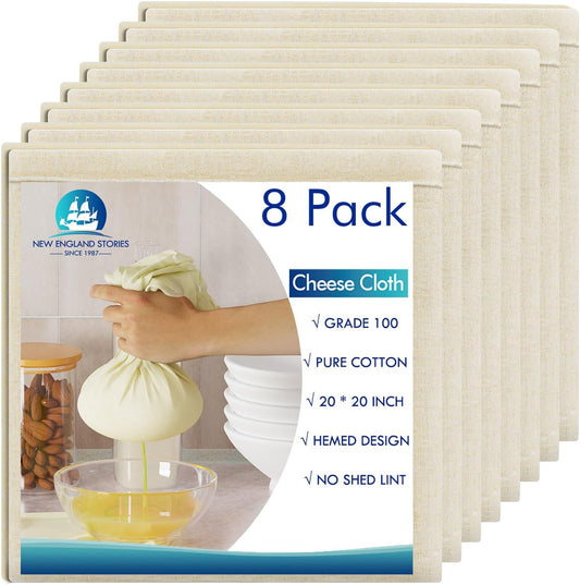 8 PCS Reusable Cheesecloth, Grade 100, 20x20 Inch Hemmed Cheese Cloth for Straining Craft, 100% Cotton Unbleached Cloth Strainer for Cooking, Baking, Juicing, Cheese Making