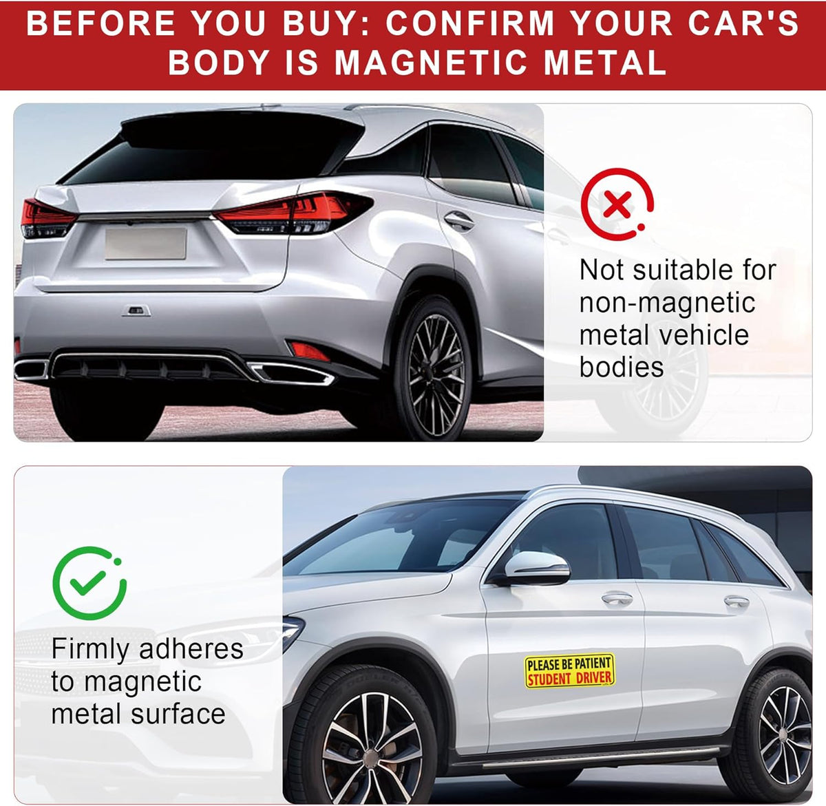 JUSTTOP 3pcs Student Driver Magnet for Car, Please Be Patient Student Driver, New Drivers Sticker Safety Warning, Magnetic Reflective Rookie Driver Bumper Sticker (Black&Red)