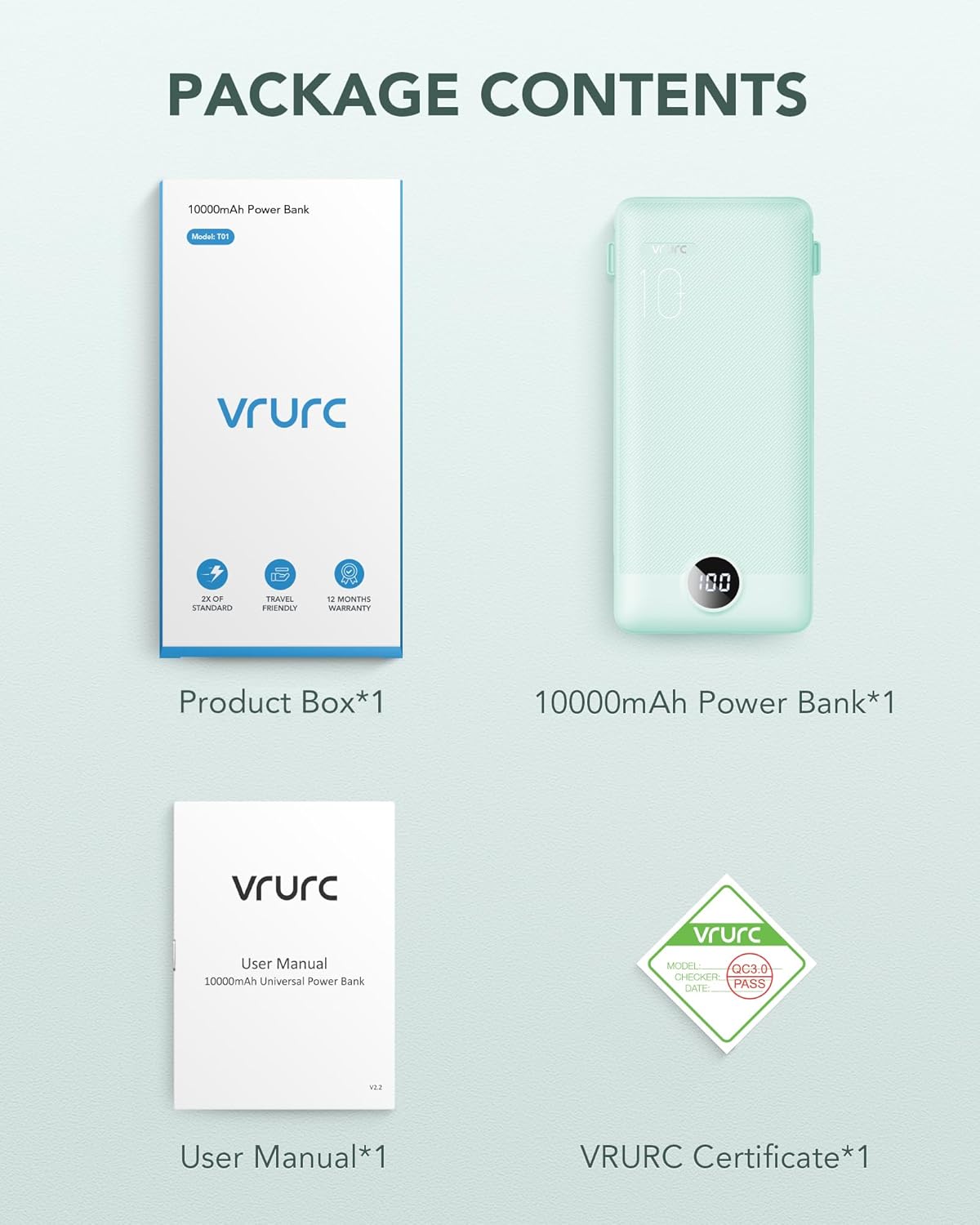 VRURC Portable Charger Built-in Cables and AC Wall Plug, USB C Power Bank 10000mAh, Travel Battery Portable Phone Charger Compact Lightweight External Battery Pack for Smart Phones, Tablets etc-Green
