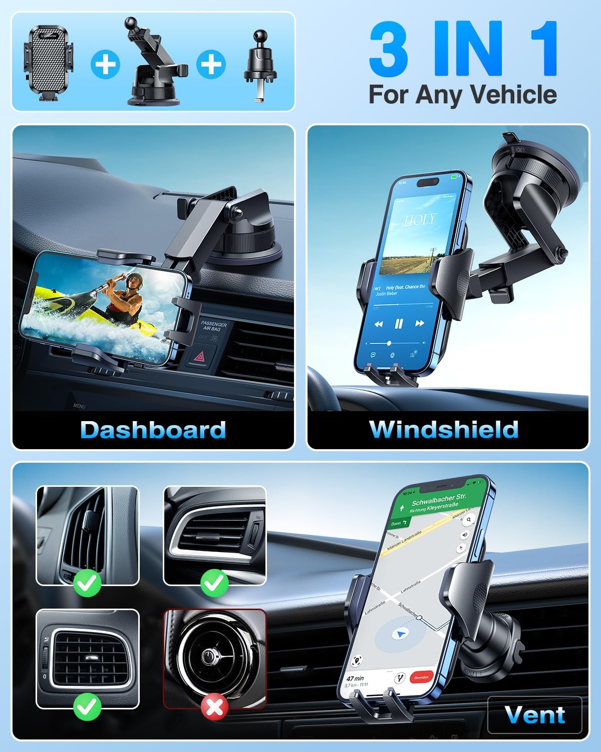[2026 True Military-Grade] Car Phone Holder VANMASS [Upgraded Strongest Suction & Clip] Cell Phone Mount for Dashboard Windshield Vent Wall,Truck Cradle Stand for iPhone 17 Pro Max 16 15 14 13 Android