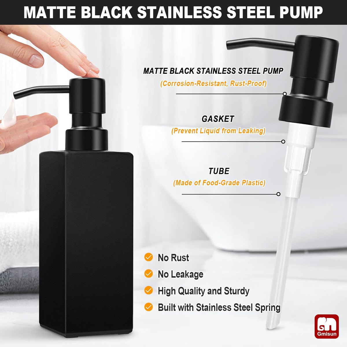 GMISUN Black Soap Dispenser Bathroom, Glass Hand Soap Dispenser with Stainless Steel Pump, 12 fl oz/350ml Refillable Dish Dispensers for Kitchen, Modern Liquid Lotion Bottles for Bathroom Countertop