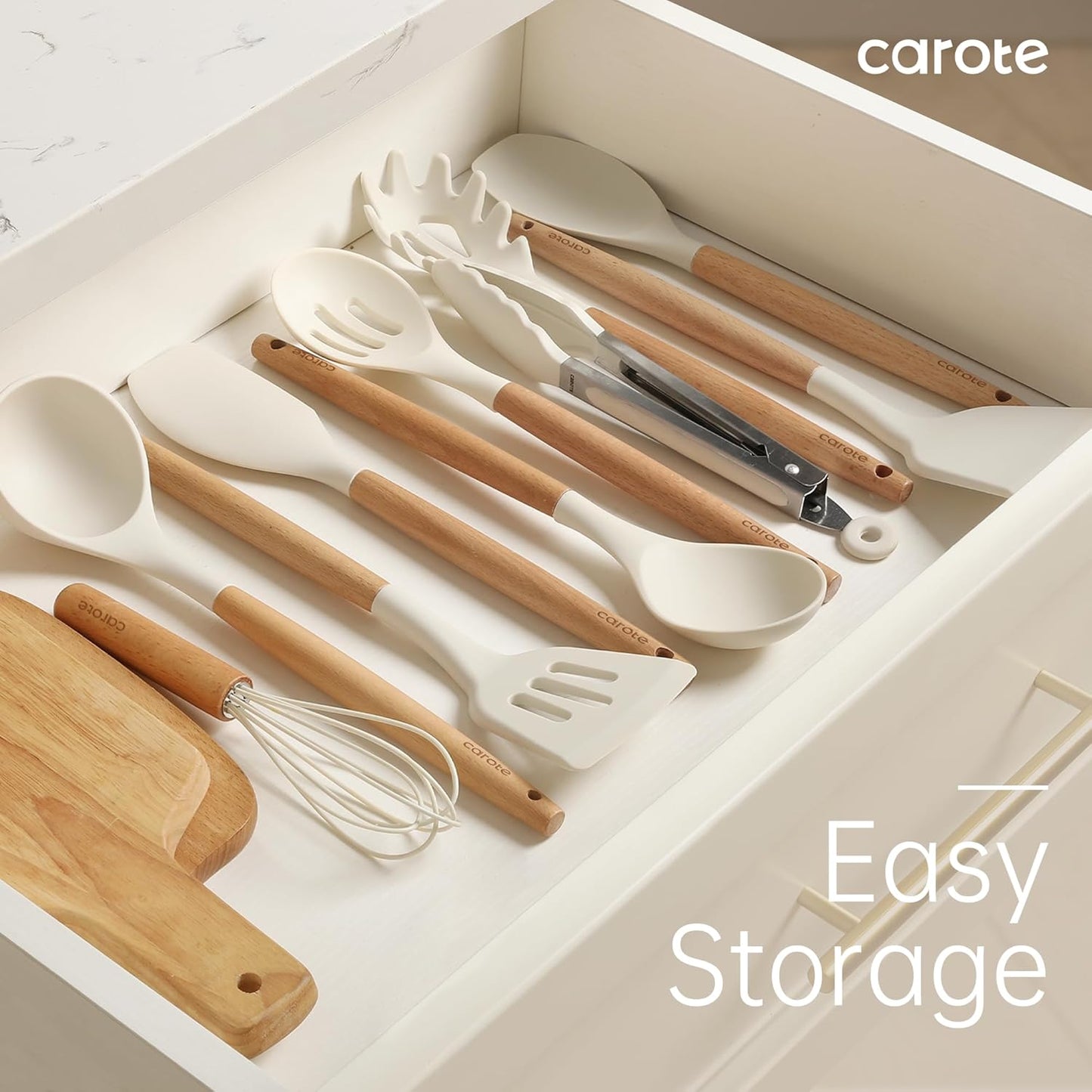 CAROTE Silicone Cooking Utensils Set, Kitchen Utensils Set 10 Pcs for cooking, BPA Free Spatula Set with Heat Resistant Wood Handles for Nonstick Cookware (Cream White)
