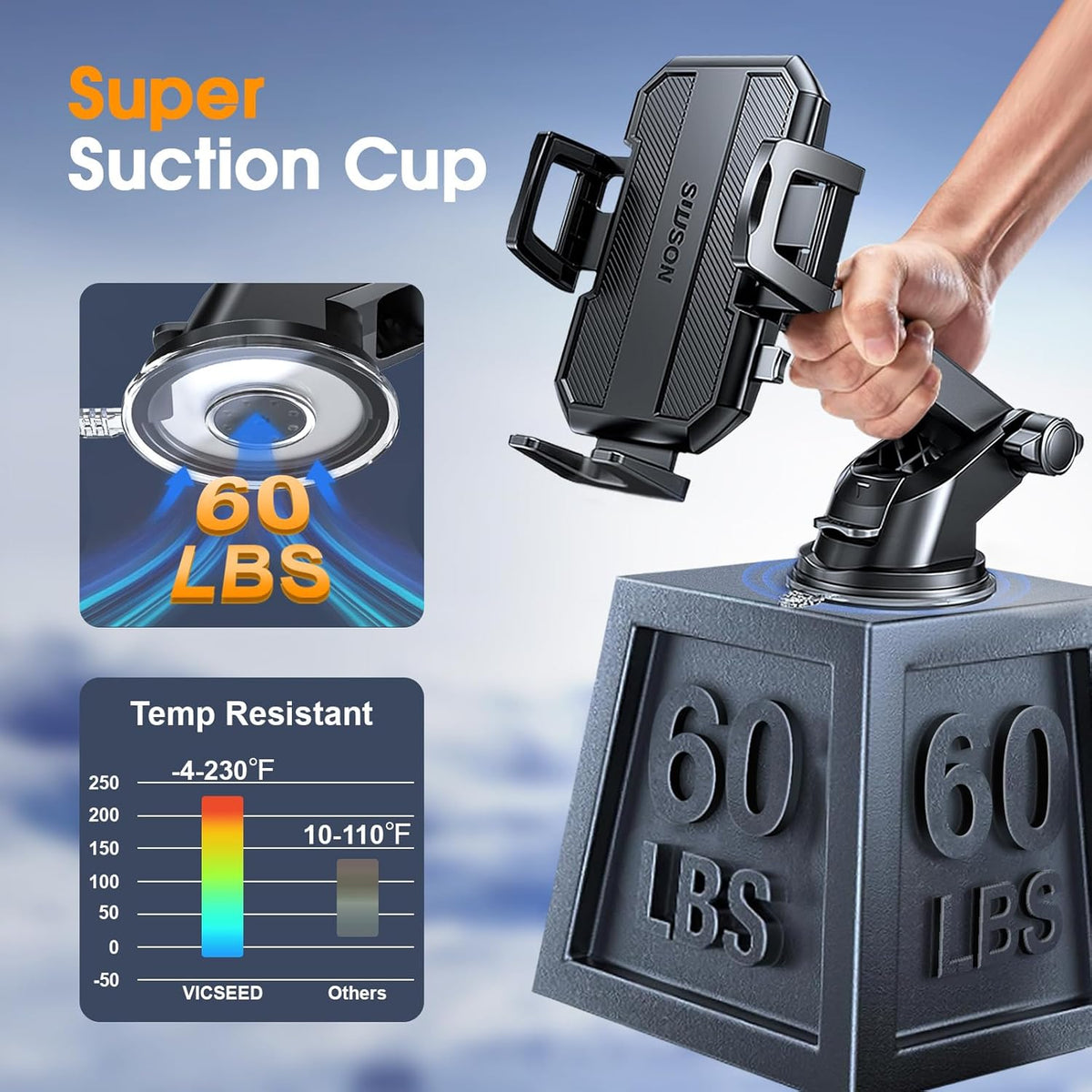 SUUSON 3 in 1 Phone Holders for Your Car, Car Phone Holder Mount [Strongest Suction] 360° Adjustable Cell Phone Holders for Car Phone Stand Car Mount for iPhone, Samsung, Google, More Smartphones