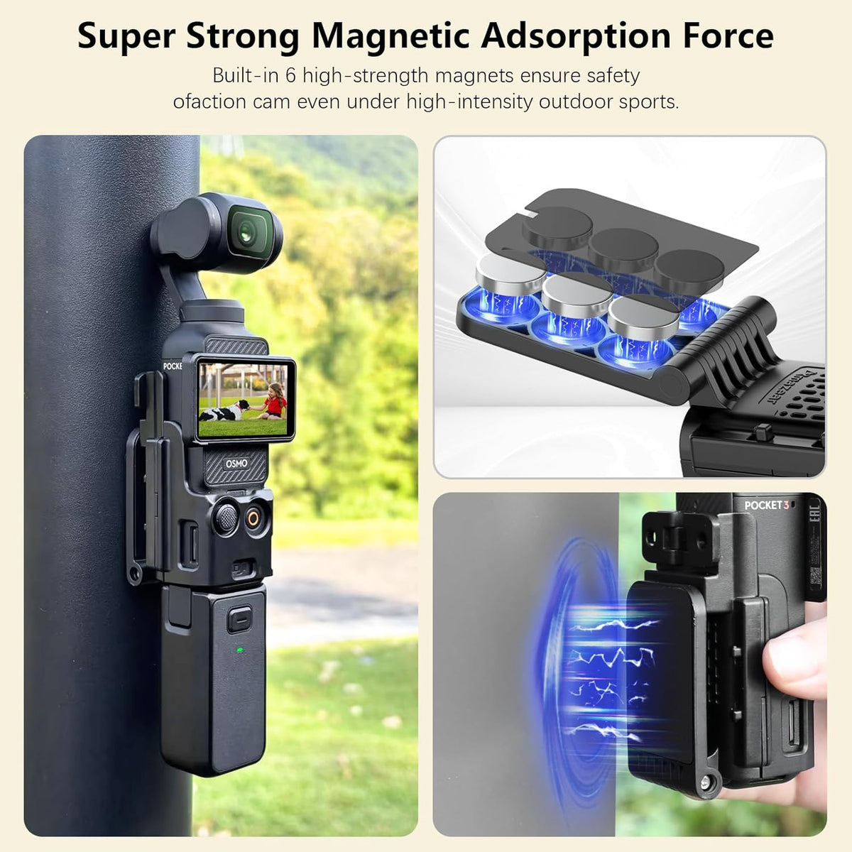 AMAZEAR Magnetic Mount Stand Compatible with DJI Osmo Pocket 3, Upgraded Pocket3 Accessories Adapter Clamp Magnet Suction Case Holder on Desktop, Vertical Surface, 180° Adjustable Handle, Black