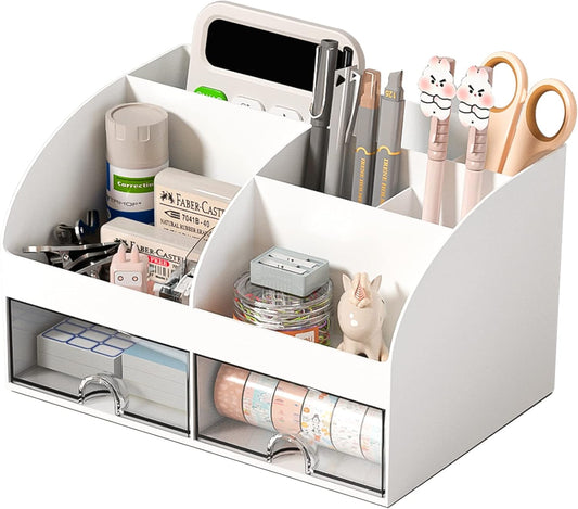 Desk Organizer with 6 Compartments and 2 Drawers, Plastic Makeup Organizer, Pen Holder for Desktop Storage, Desk Organization for School, Home, Office Supplies (White)