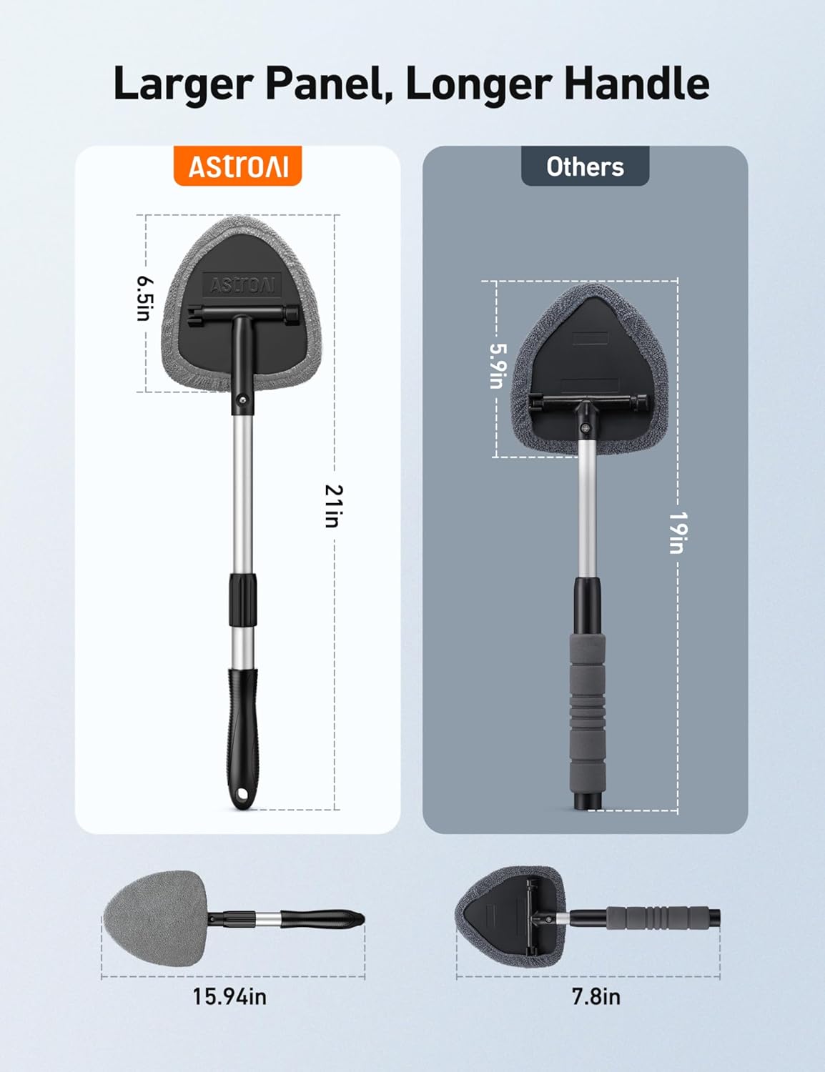 AstroAI Windshield Cleaner Tool, Car Interior Window Detailing Cleaning Kit with Extendable Handle and 4 Easy-to-Install Reusable Microfiber Pads, Auto Glass Wiper Brush Kit for Car&Home, Gray, 21in