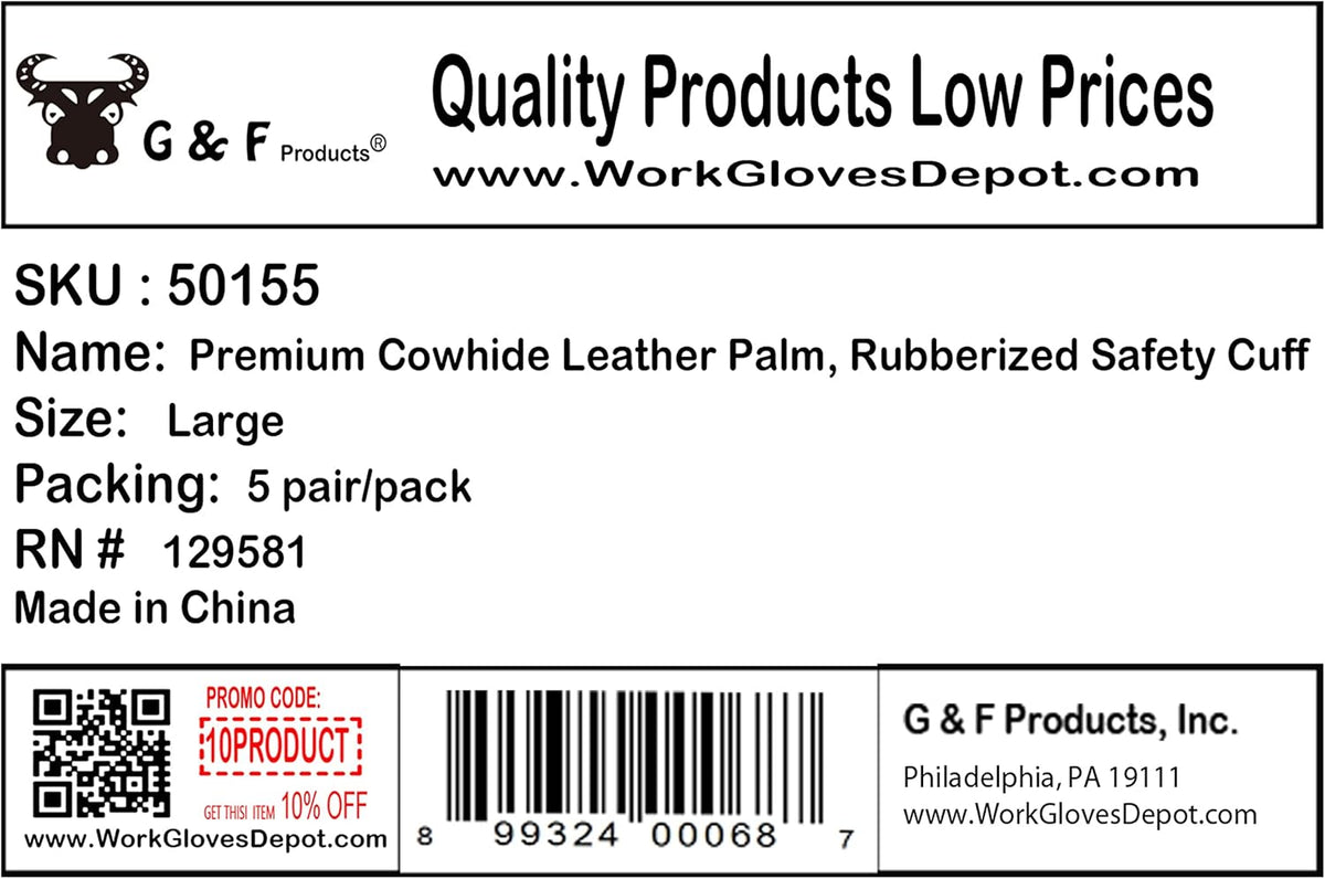 G & F Products unisex adult Safety Cuff Regular Grade work gloves, Grey, Large Pack of 5 US