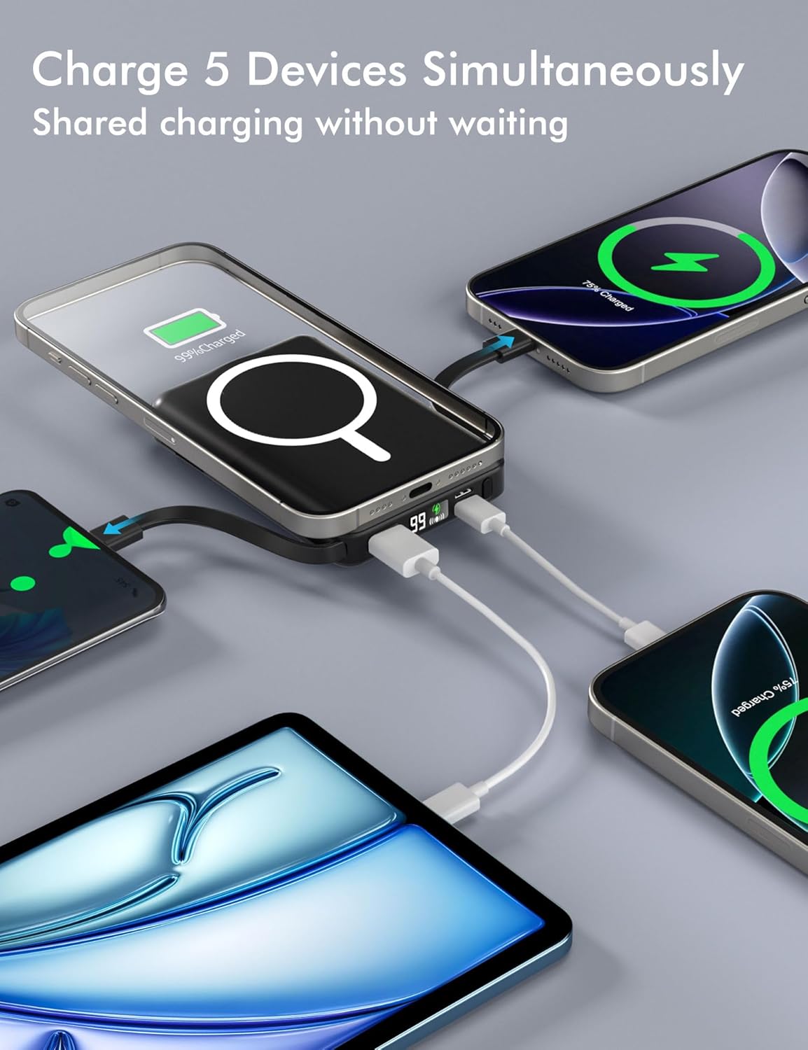 podoru for Magsafe Battery Pack, 10000mAh Magnetic Power Bank Built-in Double USB C Cables 22.5W PD Fast Charging LED Display Wireless Portable Charger for iPhone 17/16/15/14/13/12 Series-Black