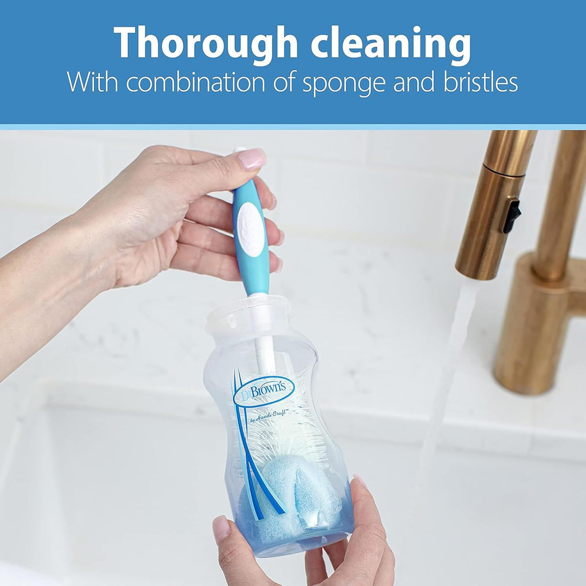 Dr. Brown's Reusable Sponge Baby Bottle Cleaning Brush with Suction Cup Stand, Scrubber and Nipple Cleaner, Blue, 3-Pack