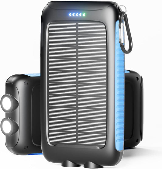 Solar Charger Power Bank 49800mAh Portable 15W Fast Charging Power Bank with QC3.0 USB-C & Dual USB-A Ports for Cell Phones, LED Flashlight, Carabiner, Waterproof Solar Panel for Camping, Outdoor