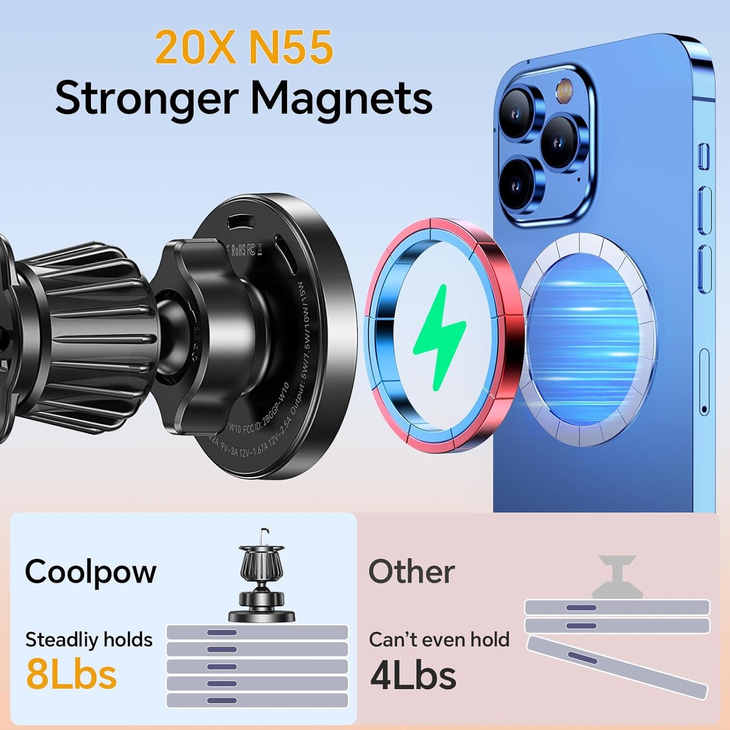 Coolpow for Magsafe Car Mount Charger【100% Stable】15W Magsafe Car Charger Magnetic Phone Holders for Your Car Accessories for Women Men Car Phone Holder Wireless Car Charger for iPhone 17 16 15 14 13