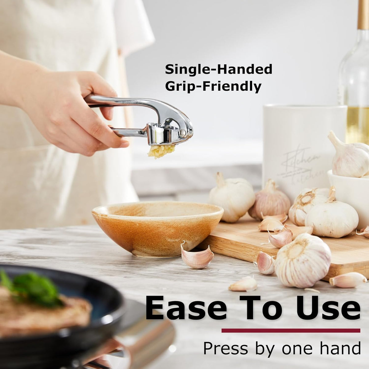 Kitessensu High Effective Garlic Press With Studs, Heavy Duty Garlic Mincer, Easy to Squeeze and Clean, Rust Proof & Dishwasher Safe, Ginger Crusher- Imperial Silver