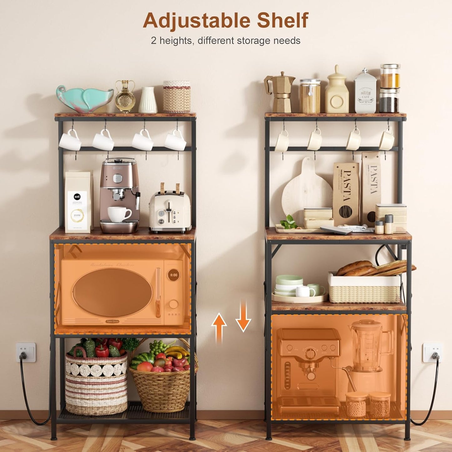 Kitchen Bakers Rack with Power Outlet, Coffee Bar Table 4 Tiers, Microwave Stand with 8 Hooks, Coffee Station and Organizer, Kitchen Storage Shelves Rack for Spices, Pots, Black