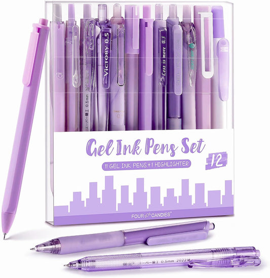 Four Candies Lavender Series Gel Pens, Black & Purple Ink Writing Pens with 0.5 mm Smooth Fine Point, School Office Stationery Supplies Desk Accessories Gifts for Women, Set of 12