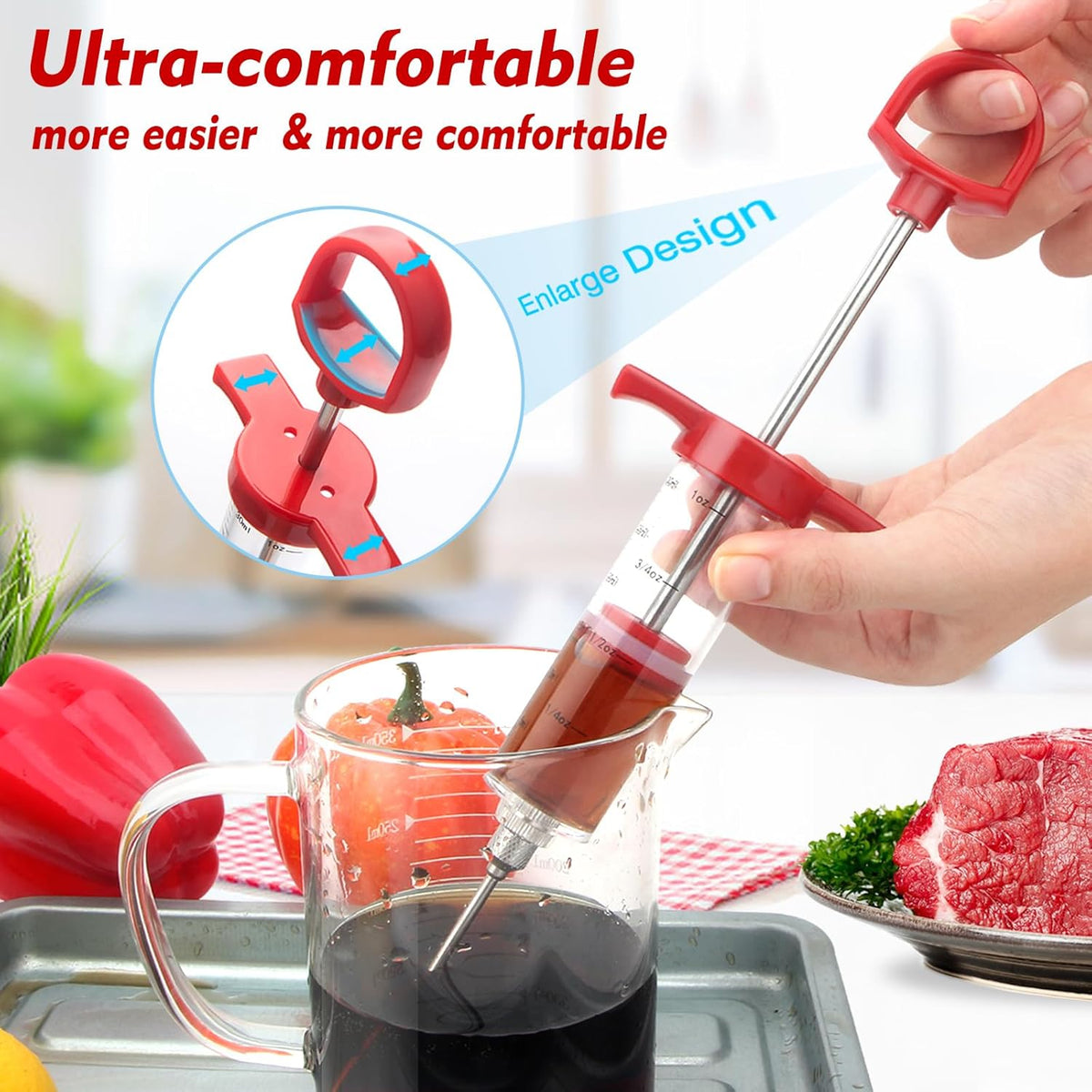 Meat Injector, 1-oz Plastic BBQ Marinade Injector Kit, Turkey Injector Syringe (3 Stainless Steel Meat Needles +3 Replacement O Rings + 1 Cleaning Brush) for Turkey Smoked BBQ Grill