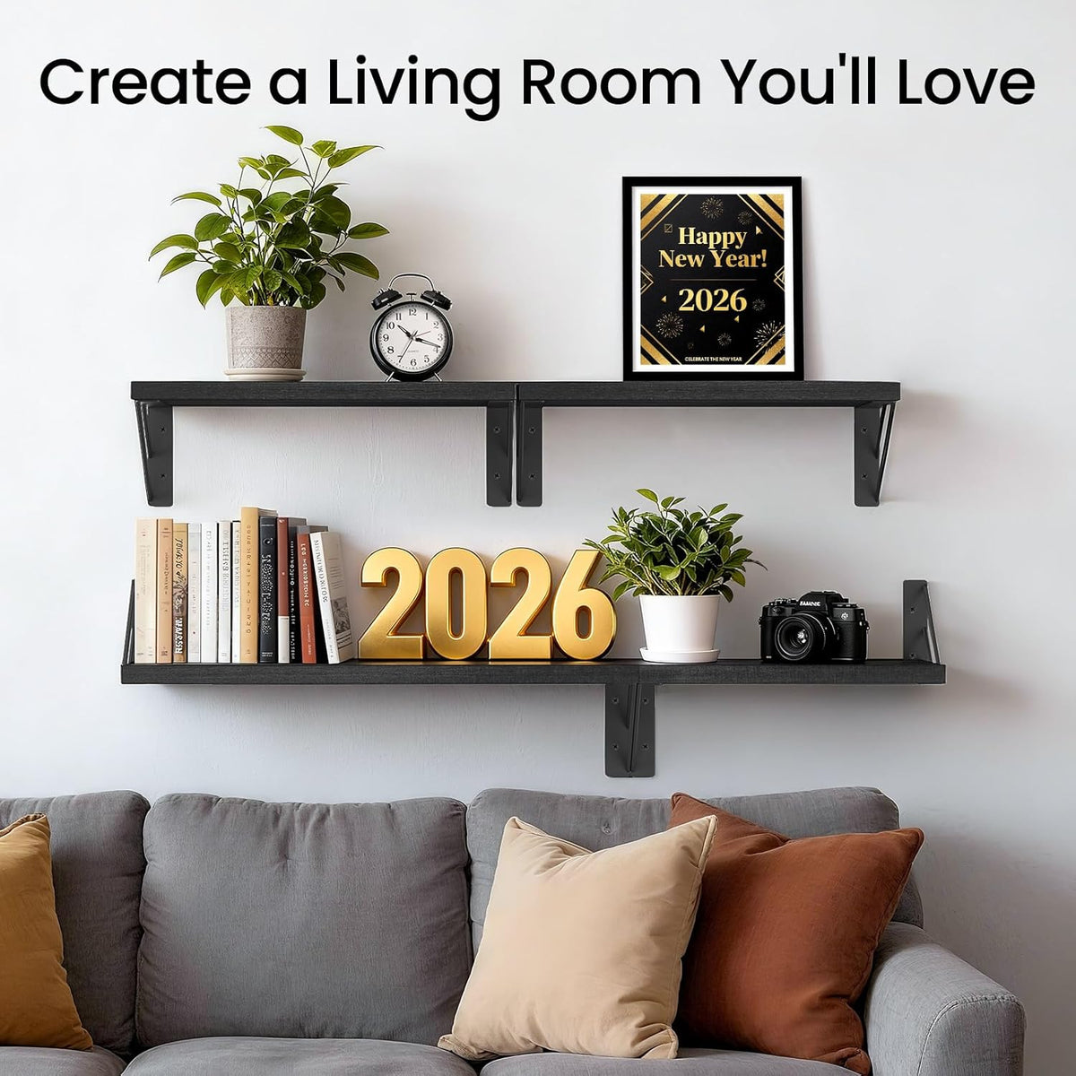 BAYKA Wall Mounted Floating Shelves, Wood Floating Wall Shelf for Books & Decor, Small Space-Saving Display & Organizer（Black，Set of 4）