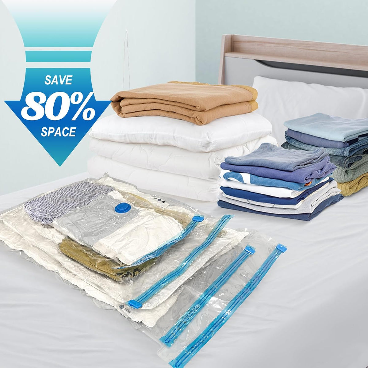 16 Combo Vacuum Storage Bags with Hand Pump, 4 Jumbo + 4 Large + 4 Medium + 4 Small Plastic Packaging Bags, 80% Space Saver Vacuum Seal Bags for Clothing, Travel Lugggage, Blankets, Comforters