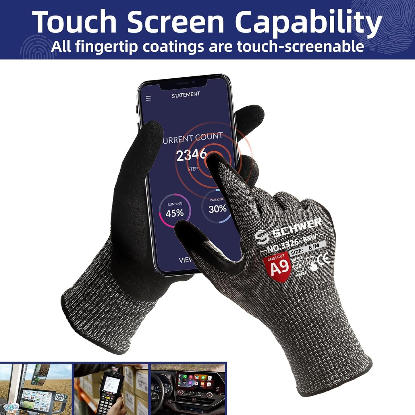 Schwer ProGuard Highest Level Cut Resistant Work Gloves PR3326 for Extreme Protection，ANSI A9 Cut Gloves with Reinforced Thumb, Non Slip, Breathable, Durable, Touch-screen, Non PFAS, Black 1 Pair（L）