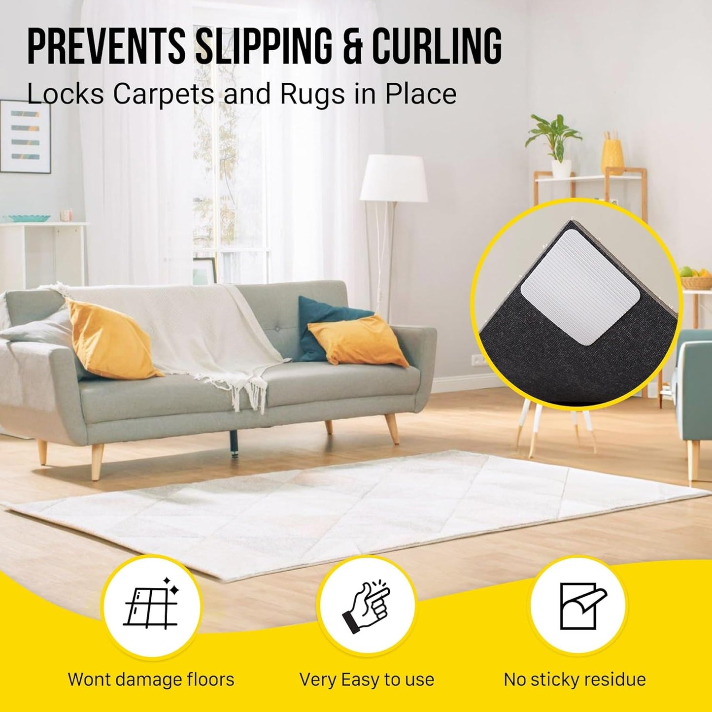 Alien Grip Rug Gripper Carpet Tape - 12pcs, 4x4 in. Anti-Slip Hardwood, Tile Floor, No Damage - Double Sided Reusable, Non Slip Corner Rug Pads - As Seen on TV