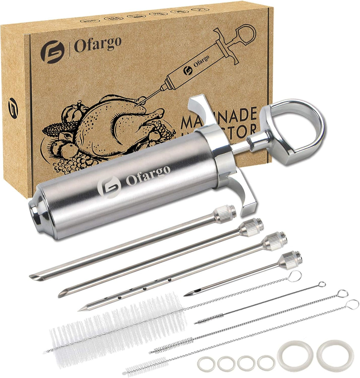 Ofargo Stainless Steel Meat Injector Syringe Kit with 4 Marinade Needles for BBQ Grill Smoker, Valentines Day Gifts for Men Dad Husband Him, 2-oz Large Capacity, Both Paper User Manual and E-Book Recipe