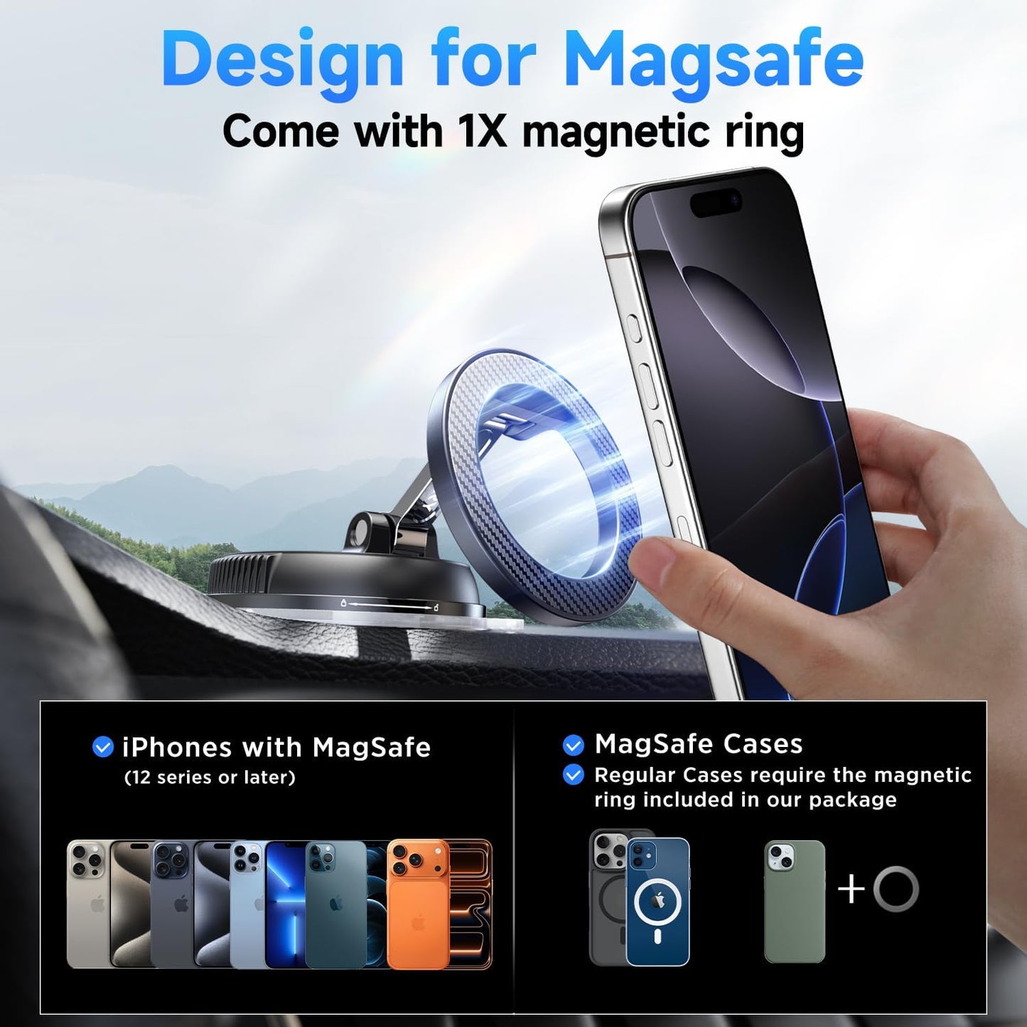 Car Phone Holder for Magsafe [78+LBS Strongest Suction & 2400gf Magnetic] 360° Adjustable Car Phone Mount, Phone Holders for Your Car for iPhone All Smartphones, Valentine's Day Gifts for Him Her