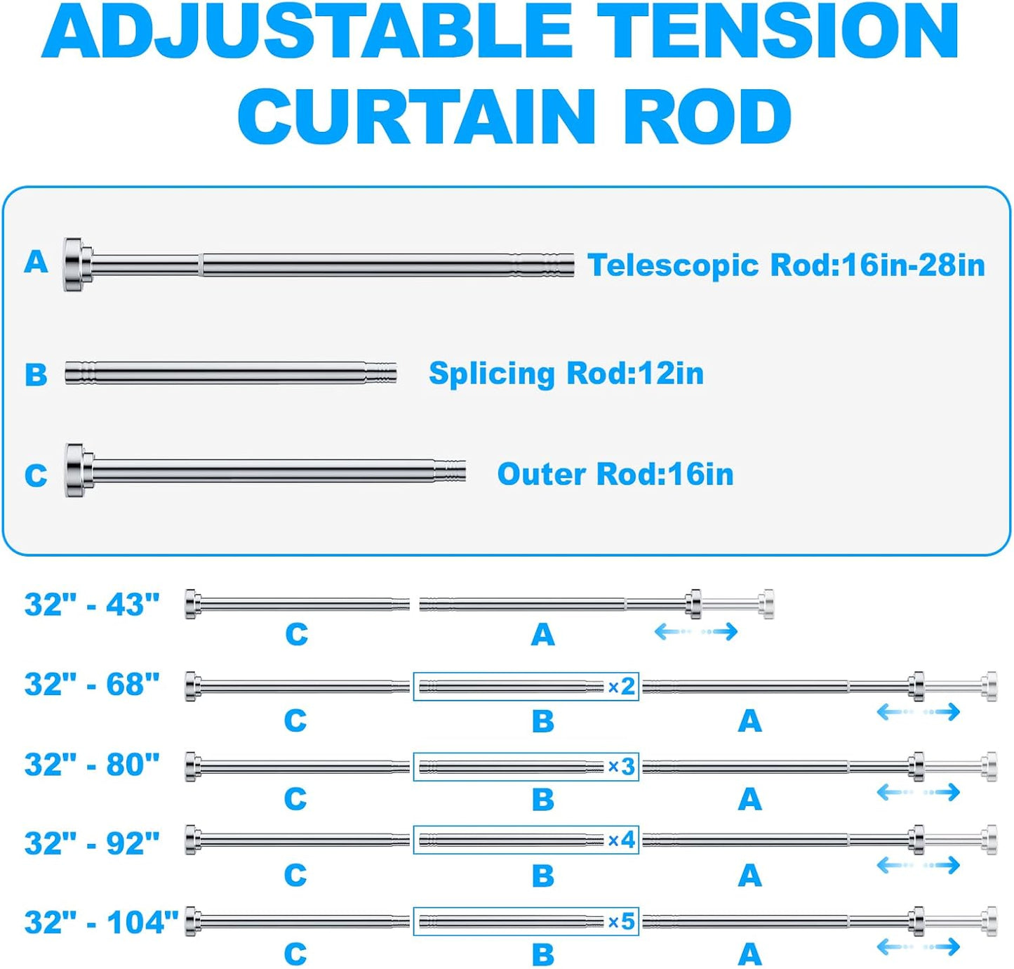 TEECK Shower Curtain Rod, 32-80 inch Adjustable Spring Tension Curtain Rod, Never Rust Anti-Slip Shower Curtain Rod for Bathroom, No Drilling, Never Collapse, Easy to Use, Silver