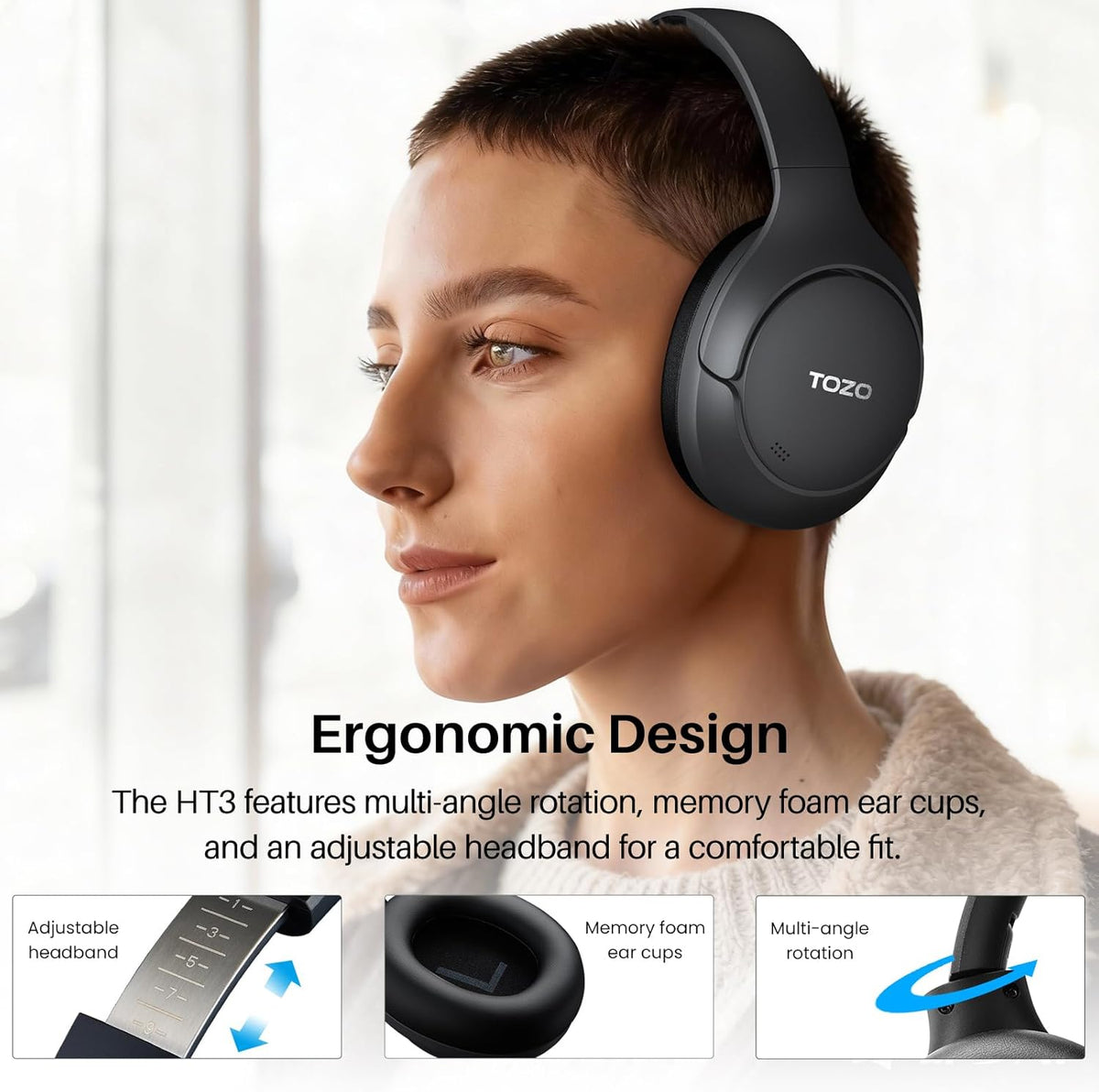 TOZO HT3 Hybrid Noise Cancelling Headphones, 90H Playtime Wireless Over Ear Bluetooth Headset, Spatial Audio AI Chat with 5 Mics, Supports Dual Connection and USB-C Input, with 32 EQ Music Modes