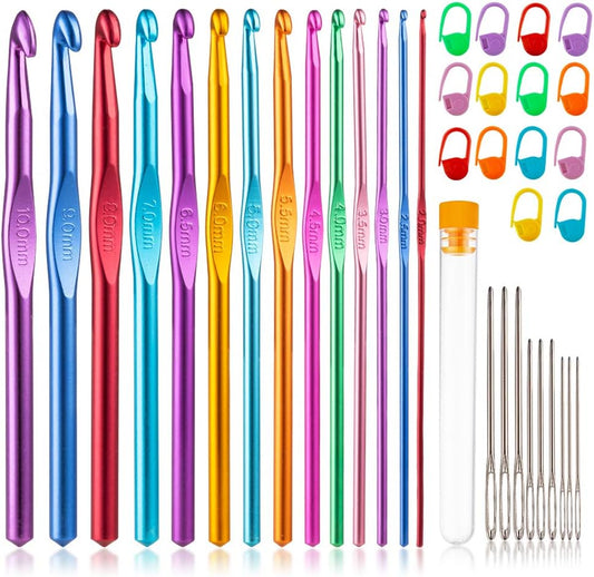 Vodiye 14 Sizes Crochet Hooks Set 2.0–10.0mm, Colorful Metal Crochet Needles, Ergonomic for Comfortable Crocheting