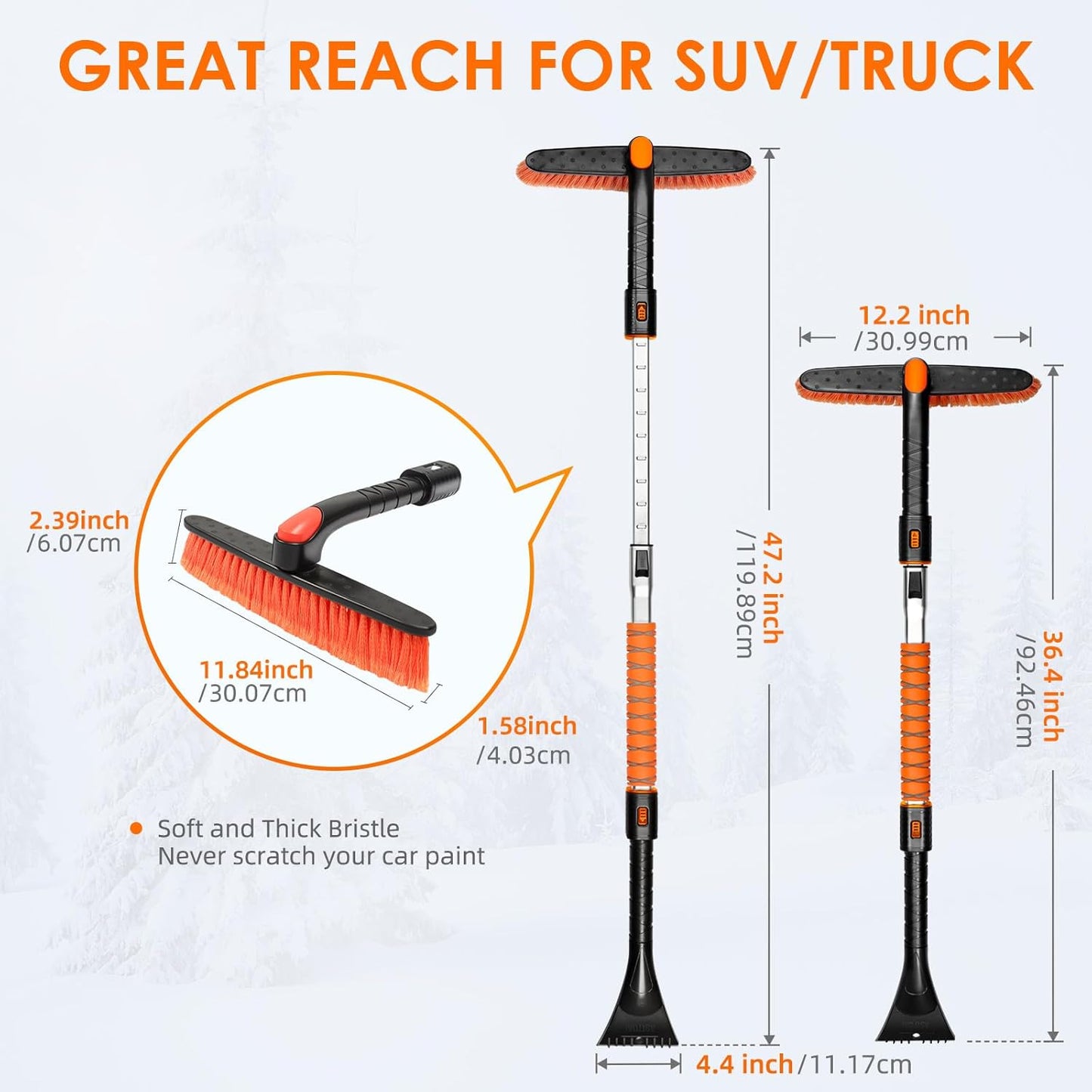 AstroAI 47.2" Ice Scrapers for Car Windshieldand Extendable Snow Brush with Foam Grip and 360° Pivoting Brush Head for Car Auto Truck SUV(Orange)