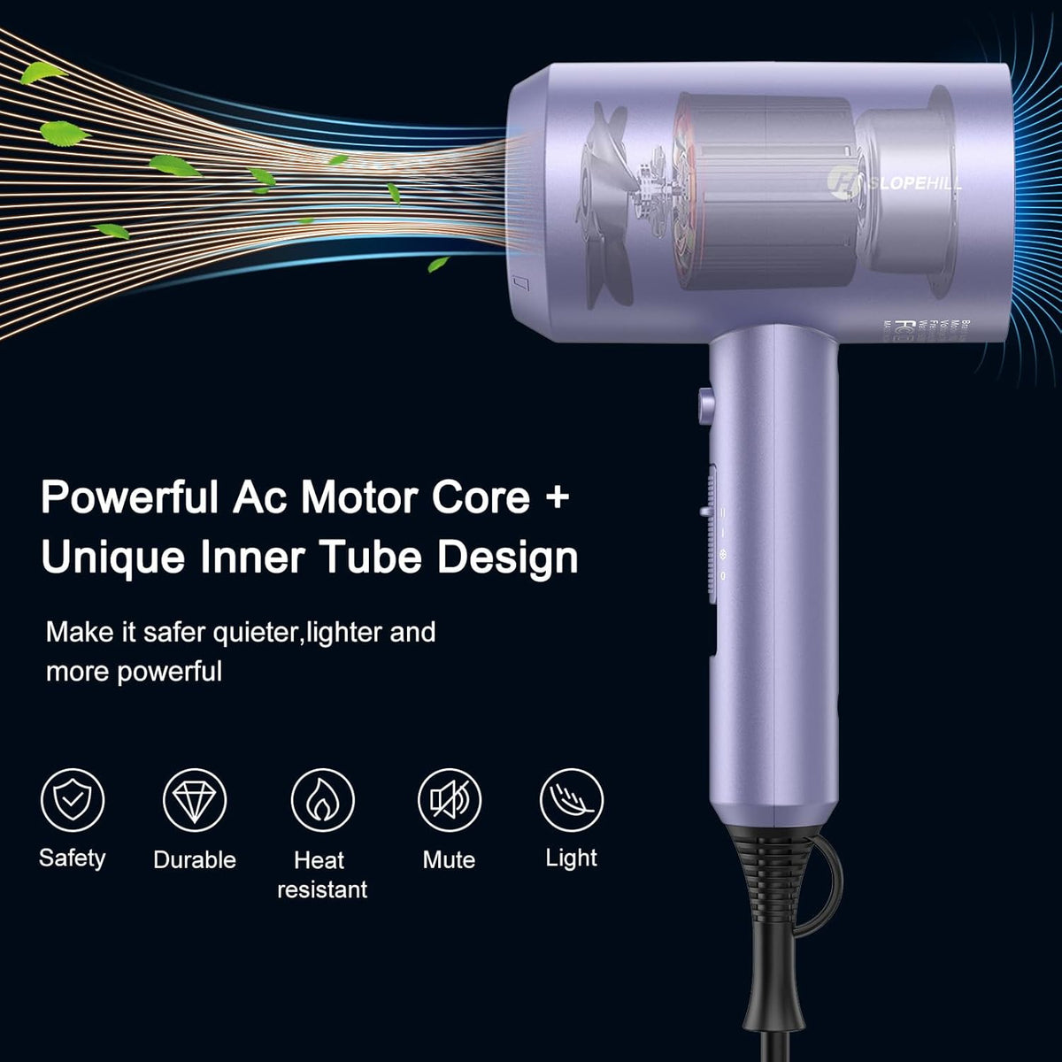 Slopehill Professional Ionic Hair Dryer, 1800W Fast Drying Low-Noise Blow Dryer with Diffuser & Concentrator (Lavender)