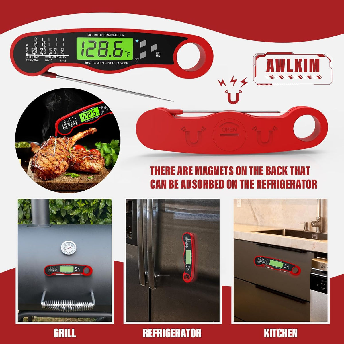 Meat Thermometer Digital - Instant Read Waterproof Food Thermometer with Backlight for Cooking, Grill, Candy, Kitchen & Stocking Stuffers for Men - Red