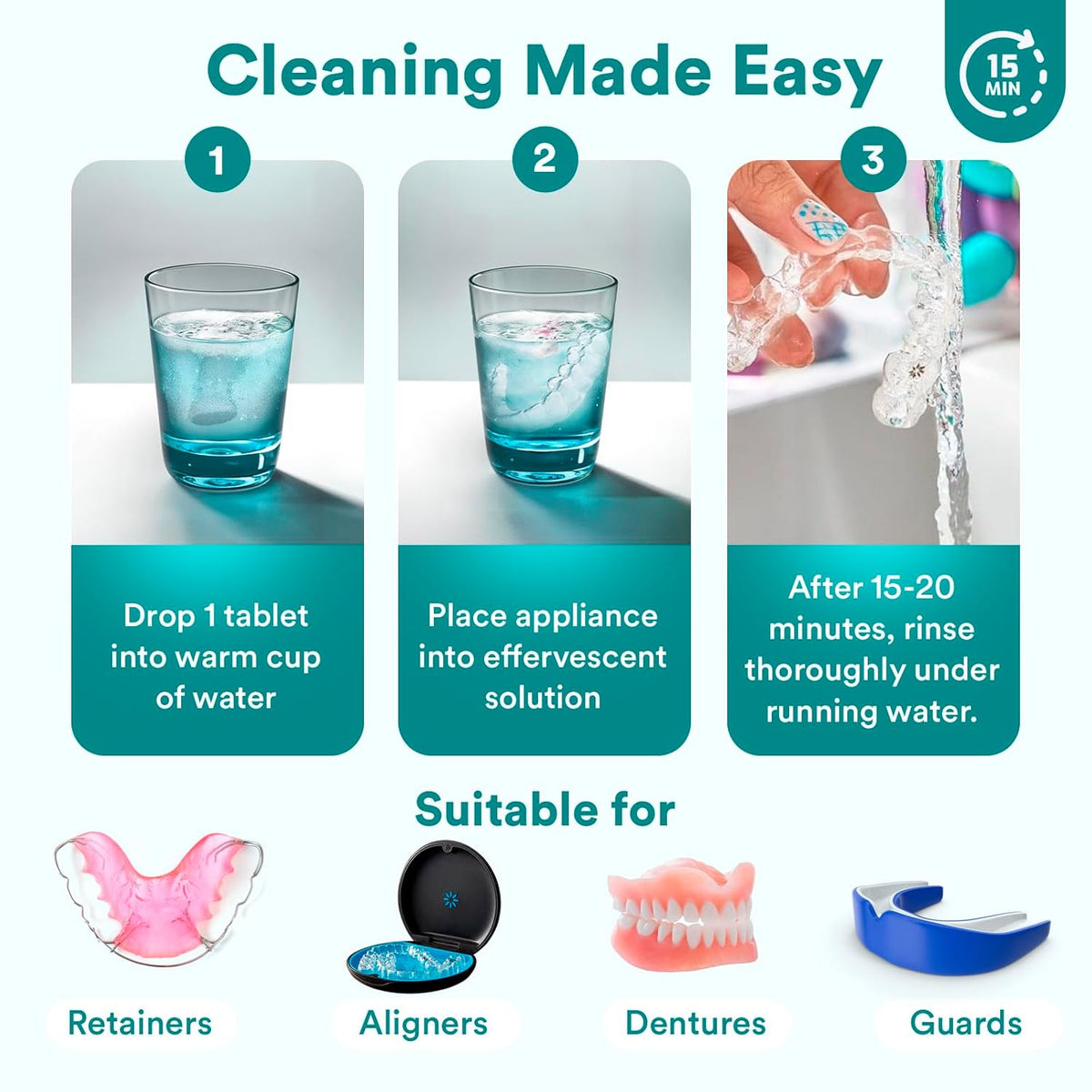 Weiss Naturals Retainer Cleaner Tablets, Invisalign Cleaner, Remove Stains, Odors & Plaque, PERSULFATE FREE Night Guard & Denture Cleaner 1-Month Supply, 30 Mint Scented Tablets