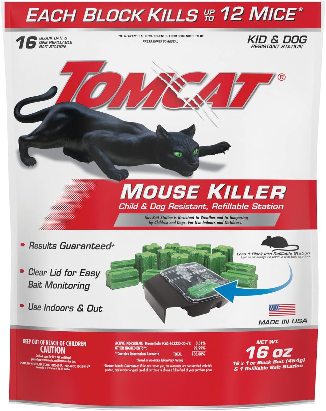 Tomcat Mouse Killer, Child and Dog Resistant Refillable Station — Weather-Resistant Indoor/Outdoor Bait Station with Clear Monitoring Lid, 1 Station and 16 Bait Blocks