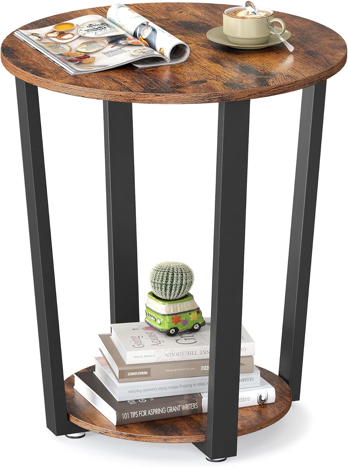 VASAGLE Round Side End Table, 2-Tier Accent Bedside Table with Storage Shelf, Easy Assembly, Nightstand for Small Spaces, Living Room, Bedroom, Rustic Brown and Ink Black ULET57X