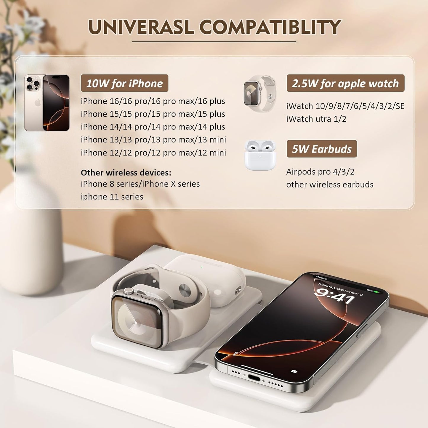 Magnetic Wireless Charger for iPhone: 3 in 1 Travel Charging Station for Apple Devices for iPhone 17 Air 16 15 14 13 12 Pro Max Plus - Foldable Charging Pad for Apple Watch Series & Airpods 4 3 2 Pro
