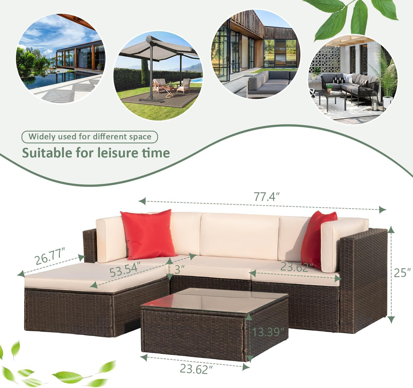 Devoko 5 Pieces Patio Furniture Sets All Weather Outdoor Sectional Patio Sofa Manual Weaving Wicker Rattan Patio Seating Sofas with Cushion and Glass Table (Beige)