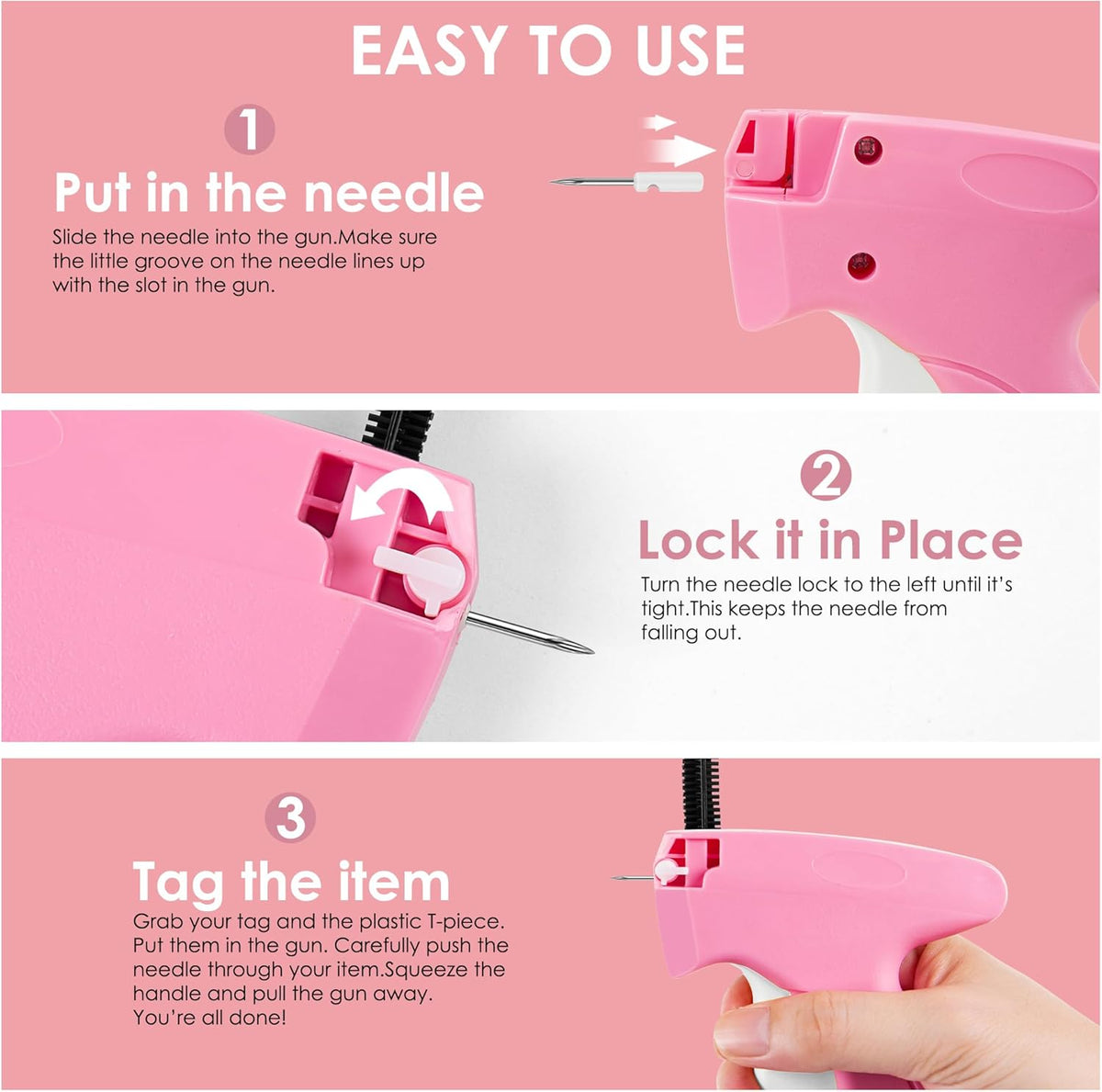 Stitch Gun for Clothes - Handheld Stitch Gun Quick Clothing Fixer - Tagging Gun - Includes 6 Needle, 1000 Black Fasteners & 1000 White Fasteners (Pink/Orange)