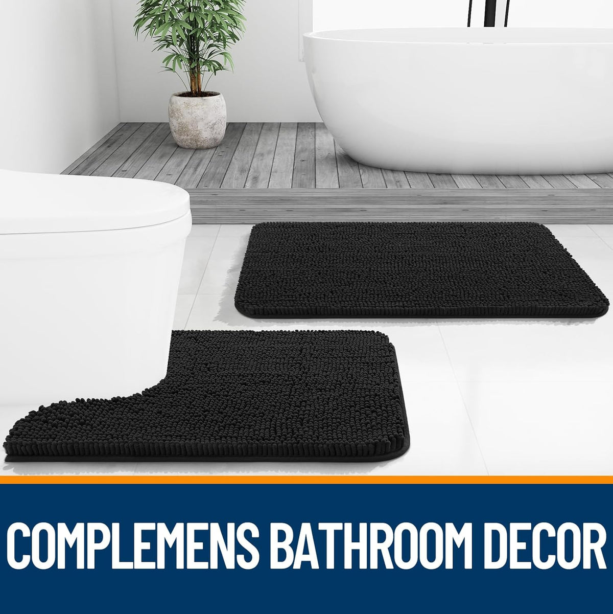 OLANLY Black Bathroom Rug 30x20, Extra Soft Absorbent Chenille Bath Rugs, Rubber Backing Quick Dry, Machine Washable Bath Mats for Bathroom Floor, Tub and Shower, Home Decor Accessories