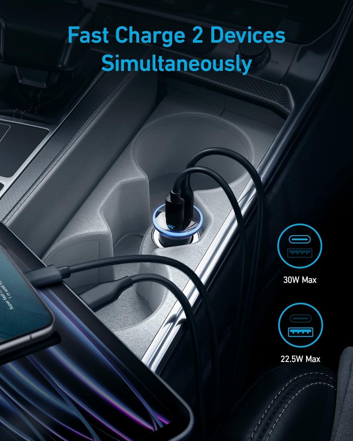 Anker 323 USB-C Car Charger Adapter, 52.5W Cigarette Lighter Charger with 30W PowerIQ 3.0 Fast Charging for iPhone 17/16/15/14/13/12 Series, Galaxy S25/24, Pixel