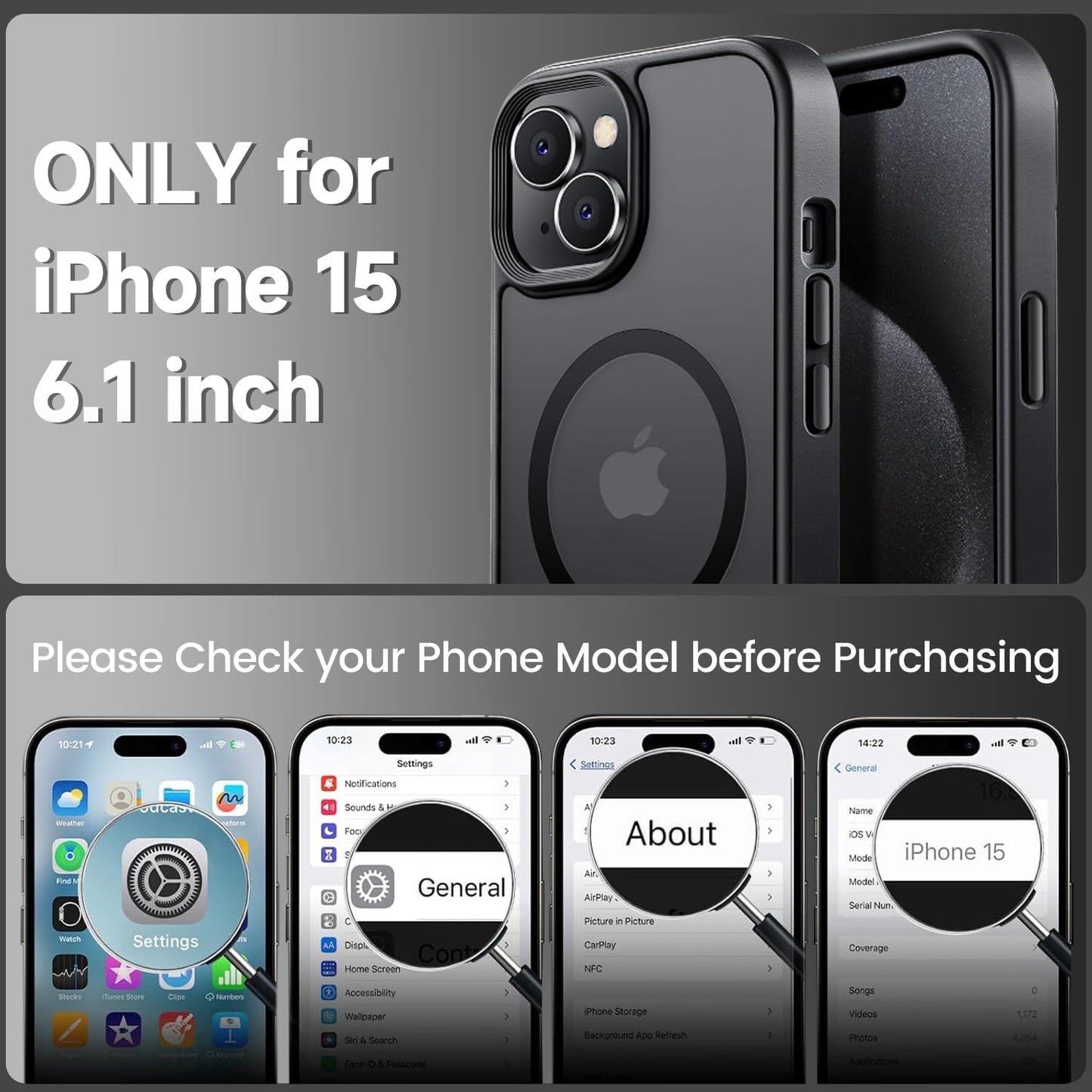 Tigowos Magnetic for iPhone 15 Case Drop Resistant Matte Skin Feeling Back Cover Shockproof Slim Fit for iPhone 15 Phone Case，Matte Black