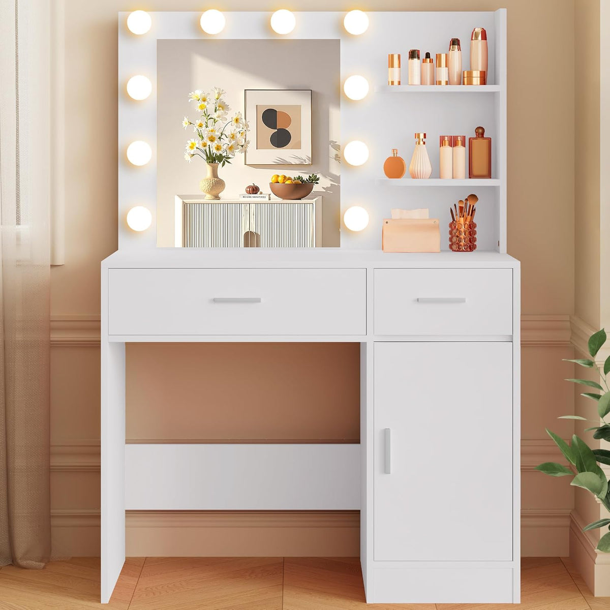 Lighted Makeup Vanity Desk, 35.4“W x 15.7'”D x 54“H, White (with Lights and Mirror, Dimming Function, 2 Drawers and 1 Cabiniet, Open Shelves) by Boahaus
