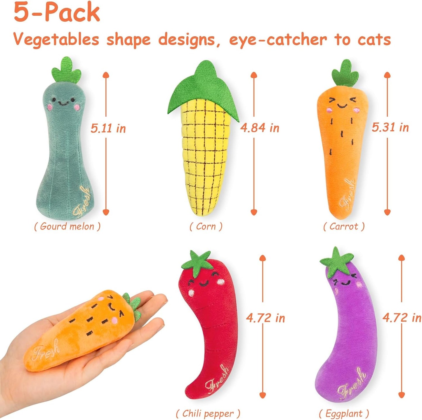 5 Pack Catnip Toys - Natural Catnip & Silvervine Inside Plush Cat Kicker Toys for Teeth Cleaning, Fun Vegetable Shape Interactive Chew Toys for Indoor Cats & Kittens