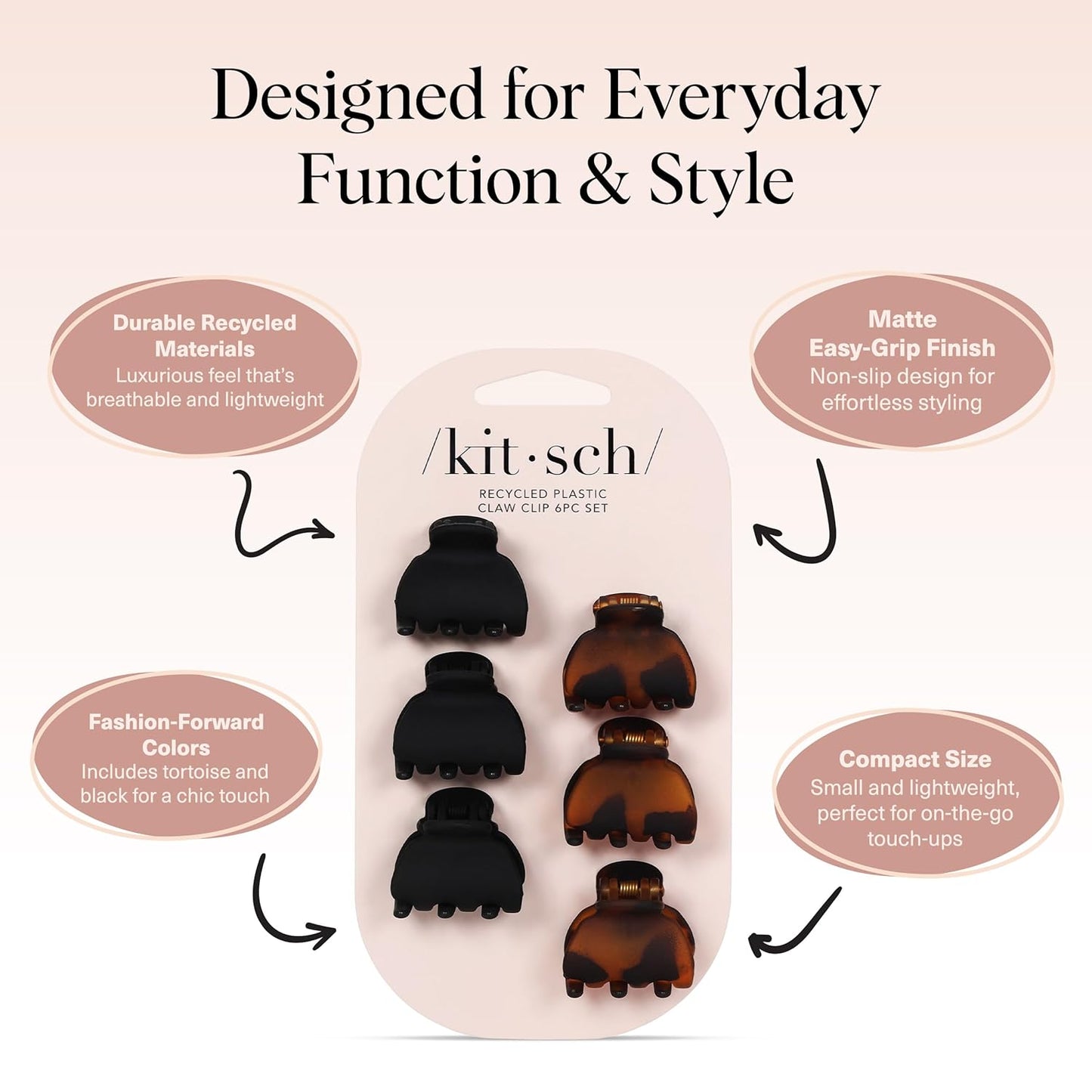 Kitsch Mini Claw Clips for Women - Stylish Small Hair Clips for Kids | Stays In Place Without Pulling or Snagging | Durable & Sturdy Plastic | Ideal Gifts for Women - Tortoise & Black, 6 Pcs
