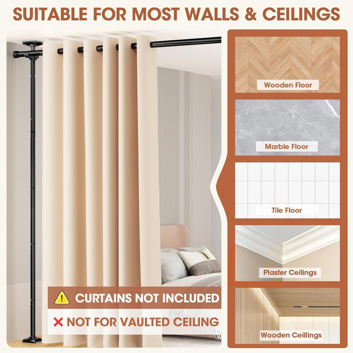 Room Divider No Drilling Curtain Rod Wall Divider for Room Separation, 4-10ft(H) 28-114inch(W) Adjustable, Heavy Duty Partition Space Separator Freestanding Tension Curtain Stand, Black